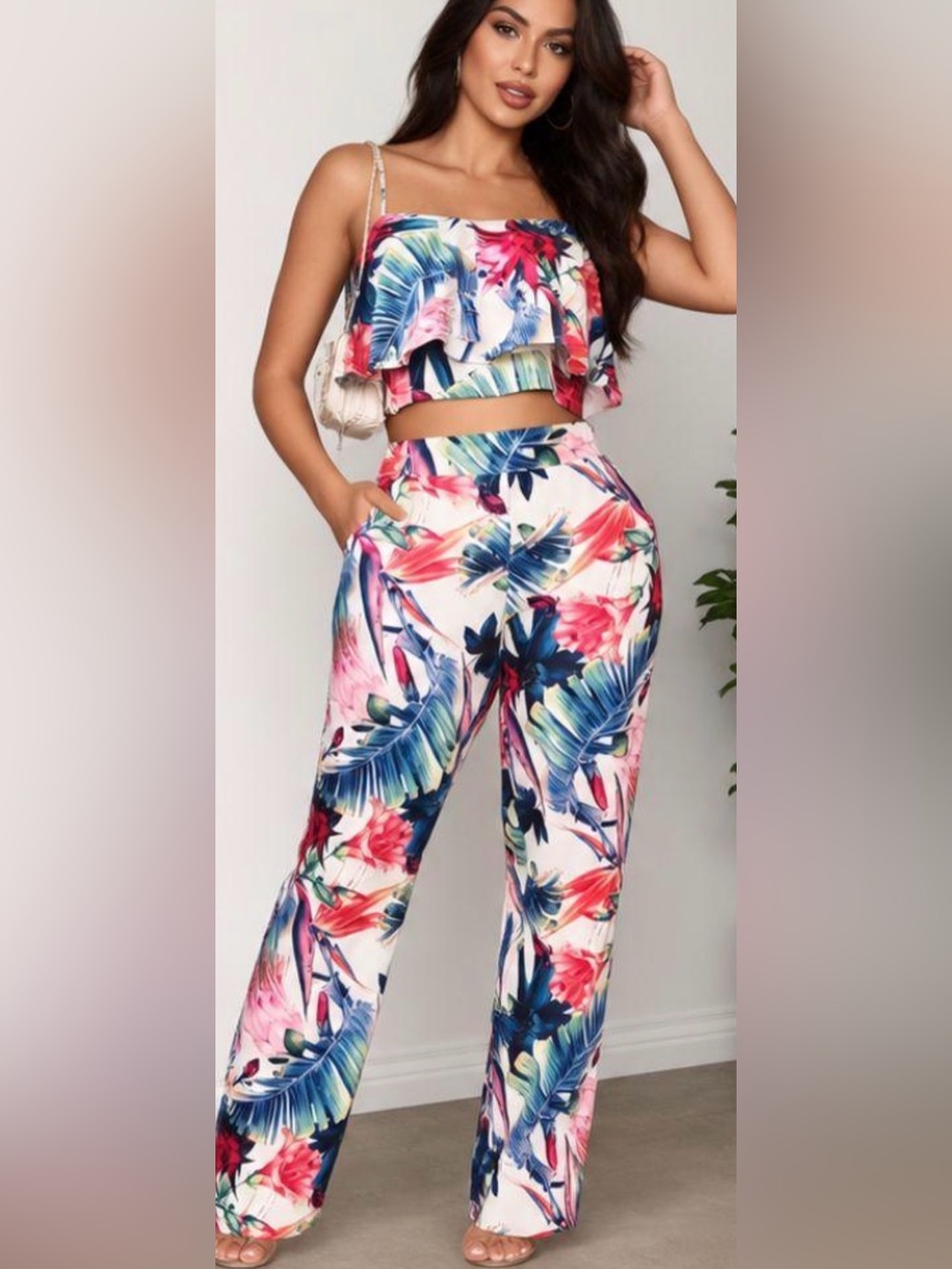 Women’s  Floral Tropical Two-Piece halter Bottoms Set - White/Pink Floral